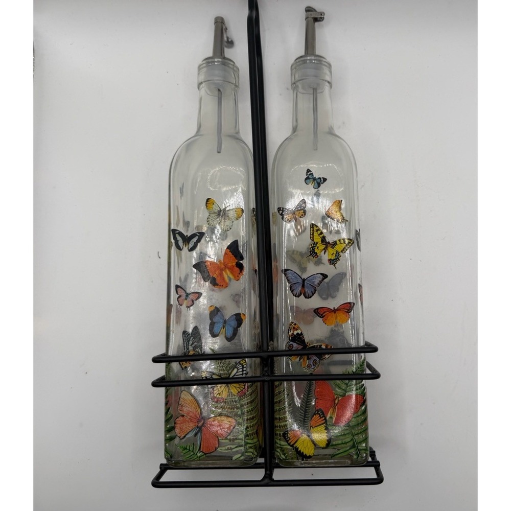 Butterfly Glass Oil Vinegar Cruet Bottle Set Metal Caddy Kitchen Decor